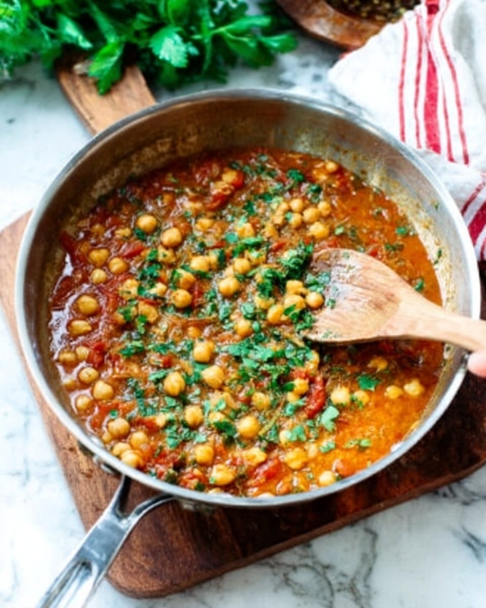 The image shows a shiny metal pan filled with a thick, chunky stew that has a mix of orange and red colors with visible pieces of chickpeas and small bits of green herbs spread on top. A wooden spoon is placed inside the pan, held by a woman's hand, stirring the stew. The pan sits on a wooden board on top of a white marbled surface. In the background, some green leaves and a white cloth with red stripes are partly visible. photo taken with an iphone --ar 4:5 --v 7