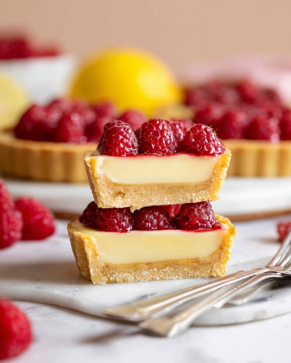 The image shows a small tart cut in half and stacked on top of each other, placed on a white marbled surface. The tart has three visible layers: the bottom layer is a thick, golden, crumbly crust; the middle layer is a smooth, pale yellow creamy filling; and the top layer is fresh, bright red raspberries that are plump and shiny, neatly arranged across the tart. In the background, there are more whole tarts with the same layers, some blurred red raspberries, and a yellow lemon, all softly lit with a warm tone. Two silver forks lie next to the tart in the foreground. Photo taken with an iphone --ar 4:5 --v 7