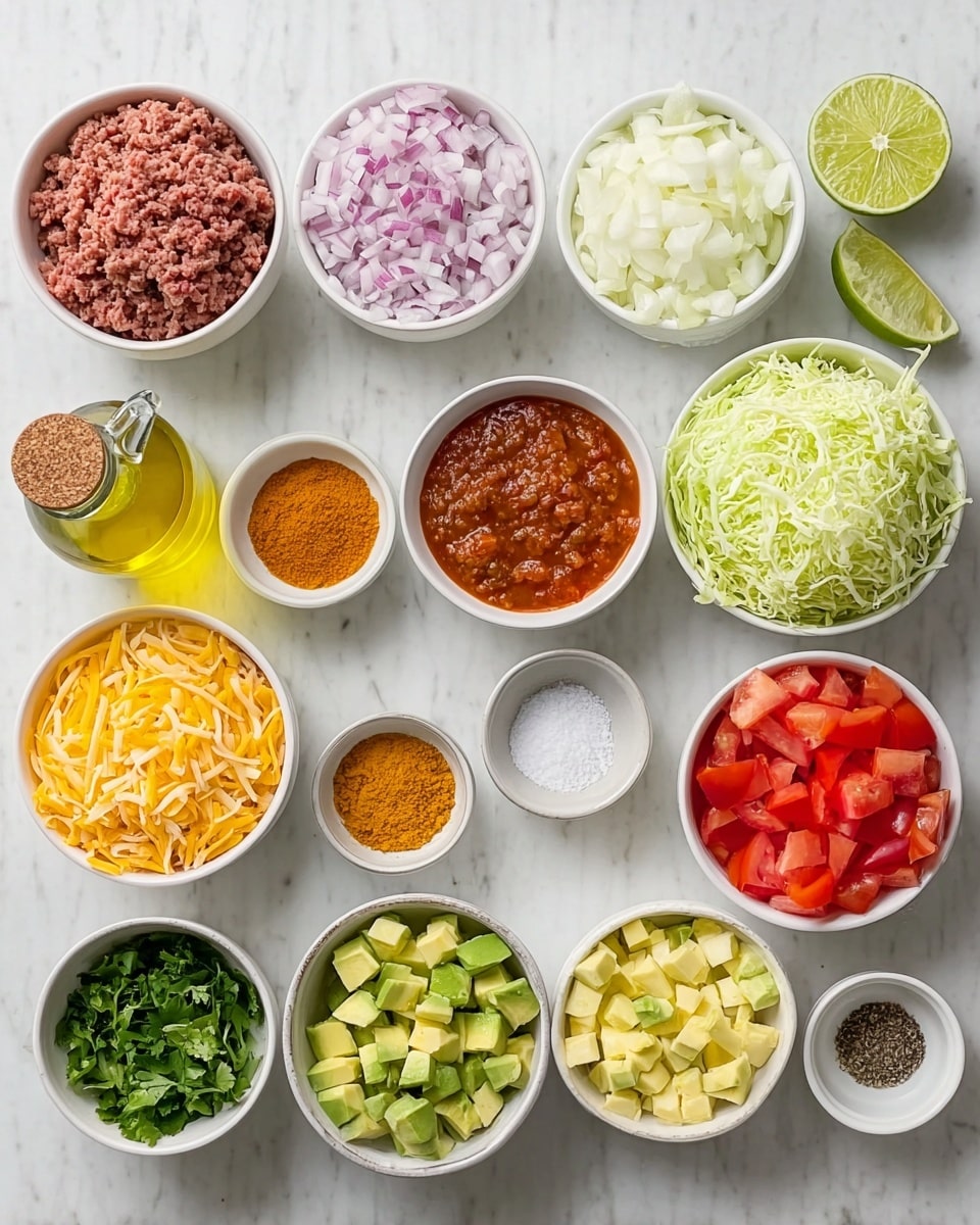 A flat lay image showing twelve small white bowls and one clear glass bottle on a white marbled surface. The top row has ground meat in a bowl with pink and red strands, diced white onions in a bowl, minced garlic in a bowl, and orange curry powder in a bowl. Below that, from left to right, there is a bottle of olive oil with a pale green liquid and cork stopper, a bowl of red salsa with a chunky texture, a bowl of shredded yellow cheddar cheese, a small bowl of white salt, and a small bowl of black pepper. The bottom row has a bowl of chopped green cilantro, shredded pale green cabbage in a bowl, a bowl of cubed avocado in green and yellow shades, and a bowl of diced red tomatoes. At the top right, there are two lime halves, one placed flat and the other upright. Photo taken with an iphone --ar 4:5 --v 7