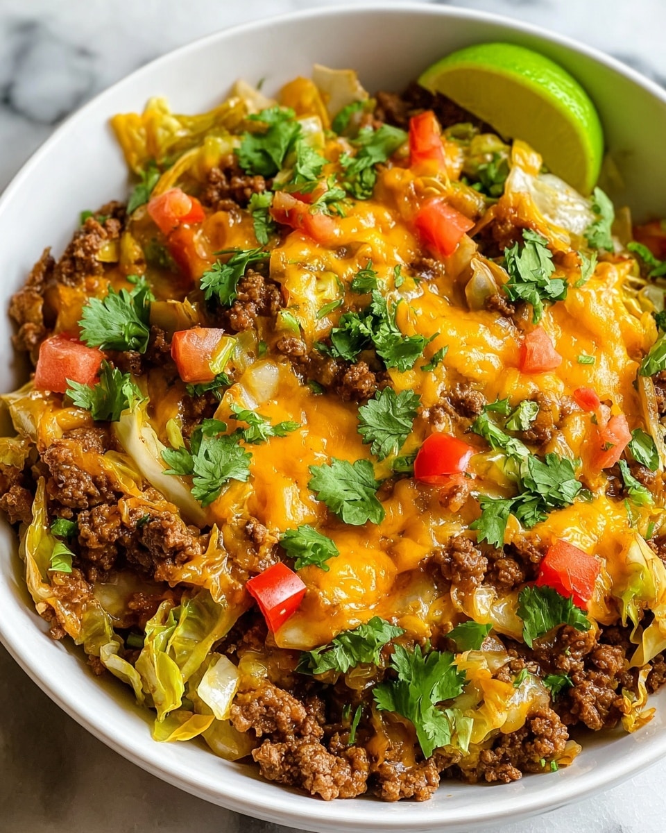 The image shows a tall pile of cooked ground meat mixed with chopped green cabbage and small bits of red bell pepper, layered evenly throughout the dish. The mixture is topped with melted shredded yellow cheese that drips slightly down the sides. The layers alternate between the brown texture of the ground meat and the vibrant green and red colors of the vegetables, creating a colorful and textured look. This mound sits on a simple white plate placed on a white marbled surface. Photo taken with an iphone --ar 4:5 --v 7