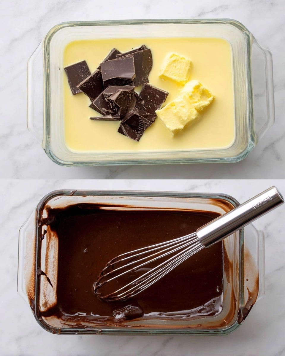 A clear glass rectangular container sits on a white marbled surface, filled halfway with a creamy light yellow liquid. Scattered on top are chunks of dark brown chocolate and two dollops of pale yellow butter. In the second image, the same glass container now holds a smooth, rich dark brown mixture being stirred by a silver whisk, with some chocolate traces on the edges of the container. Photo taken with an iphone --ar 4:5 --v 7