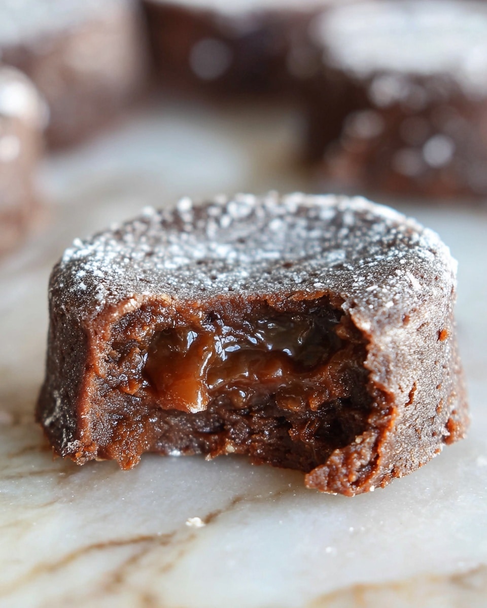 The image shows a close-up of a small, round chocolate dessert with a moist texture. It has a dark brown outer layer dusted with light white powder. The dessert is partially eaten, revealing an inner layer of sticky caramel that contrasts with the darker chocolate inside. The background features a soft, white marbled texture. photo taken with an iphone --ar 4:5 --v 7