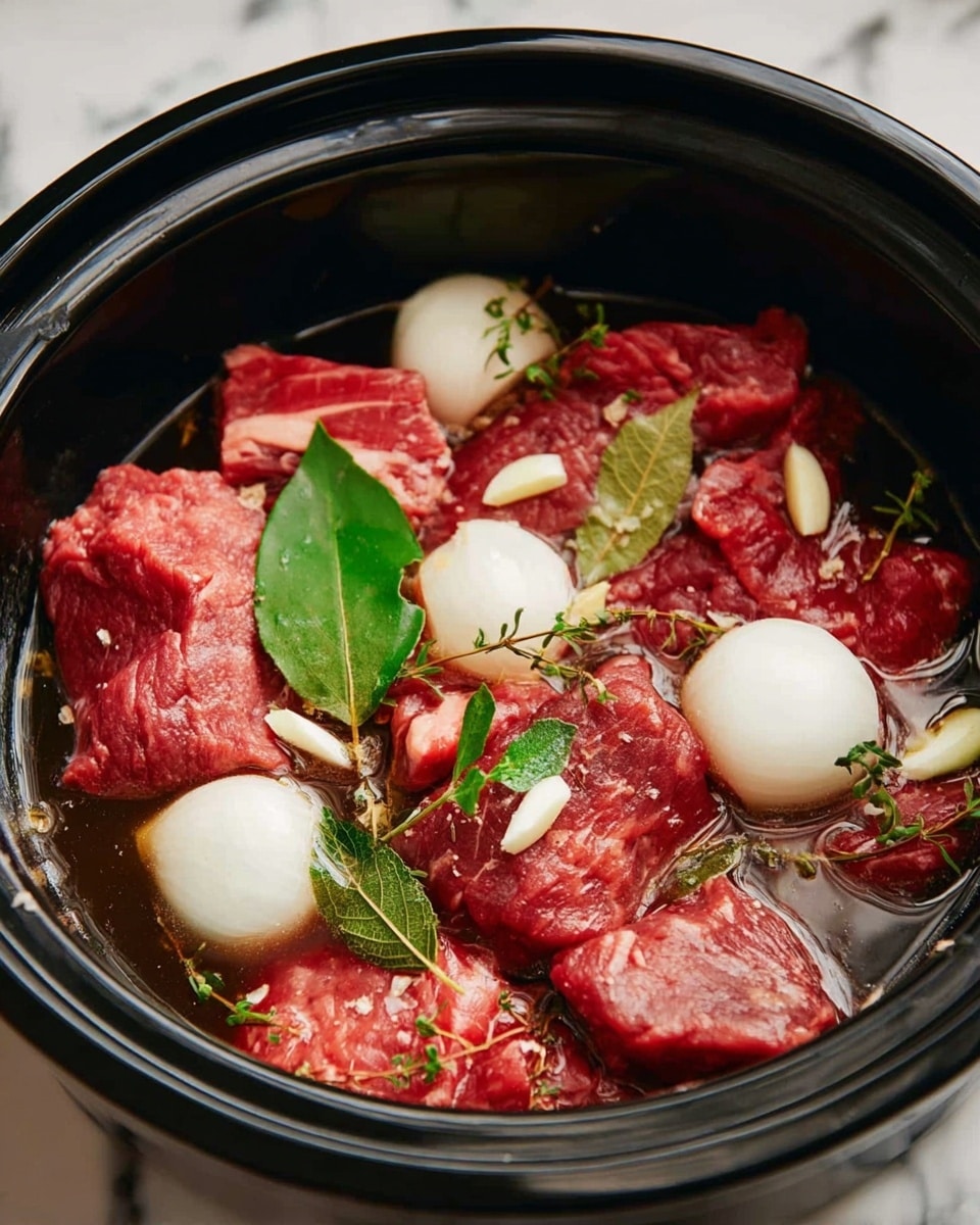 A close-up view of a black pot filled with chunks of red raw meat as the main layer, partially submerged in a dark liquid broth. On top of the meat, there are several peeled white onion halves, whole garlic cloves, bright green bay leaves, and sprigs of fresh herbs scattered around, adding green and white accents. The texture of the raw meat is visible with some marbling, and the broth creates a shiny surface. The pot sits on a white marbled surface. Photo taken with an iphone --ar 4:5 --v 7