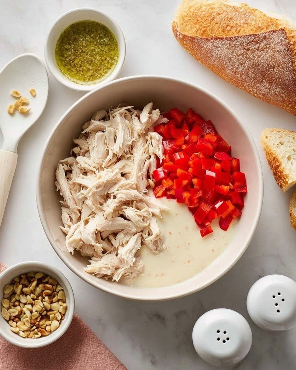 A white bowl sits on a white marbled surface filled with three layers: shredded pale beige cooked chicken on the left side, small bright red diced bell peppers on the right, and a smooth off-white creamy sauce at the bottom center, slightly blending with the peppers and chicken. Surrounding the bowl are small white bowls holding green sauce and chopped nuts, a white spatula on the left, two pieces of bread on the top right, and salt and pepper containers lined up on the right side. Photo taken with an iphone --ar 4:5 --v 7