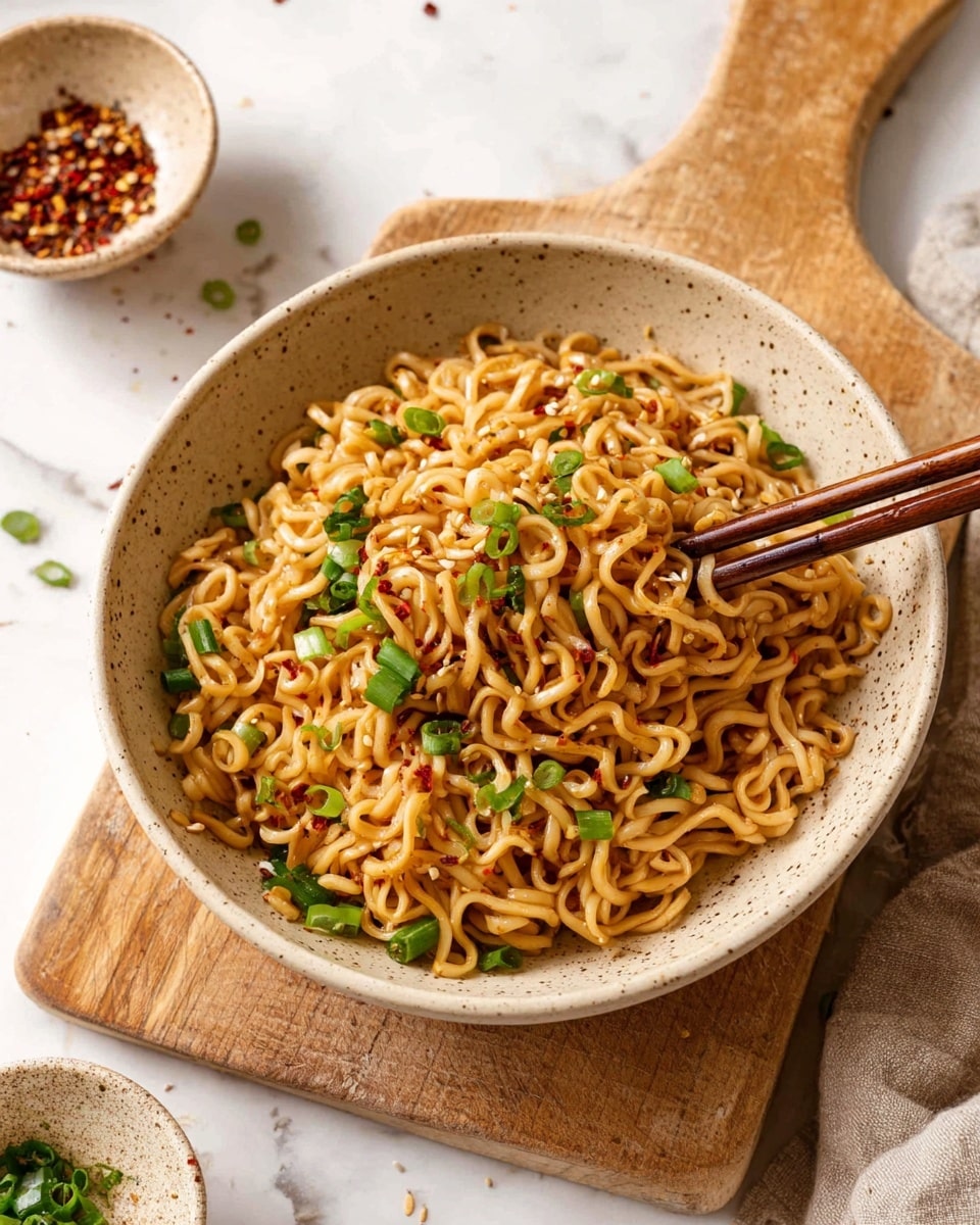 A bowl of curly cooked noodles in light brown sauce fills the middle with scattered bright green chopped spring onions on top. The noodles look soft and slightly shiny, with some red chili flakes mixed in. Wooden chopsticks grip some noodles from the right side, lifting them slightly, resting on the edge of the bowl. The bowl is light beige with tiny dark specks, sitting on a light wooden cutting board. In the background, a small beige bowl with red chili flakes and some sprinkled sesame seeds on the white marbled surface are visible. A beige cloth lies beside the cutting board. photo taken with an iphone --ar 4:5 --v 7