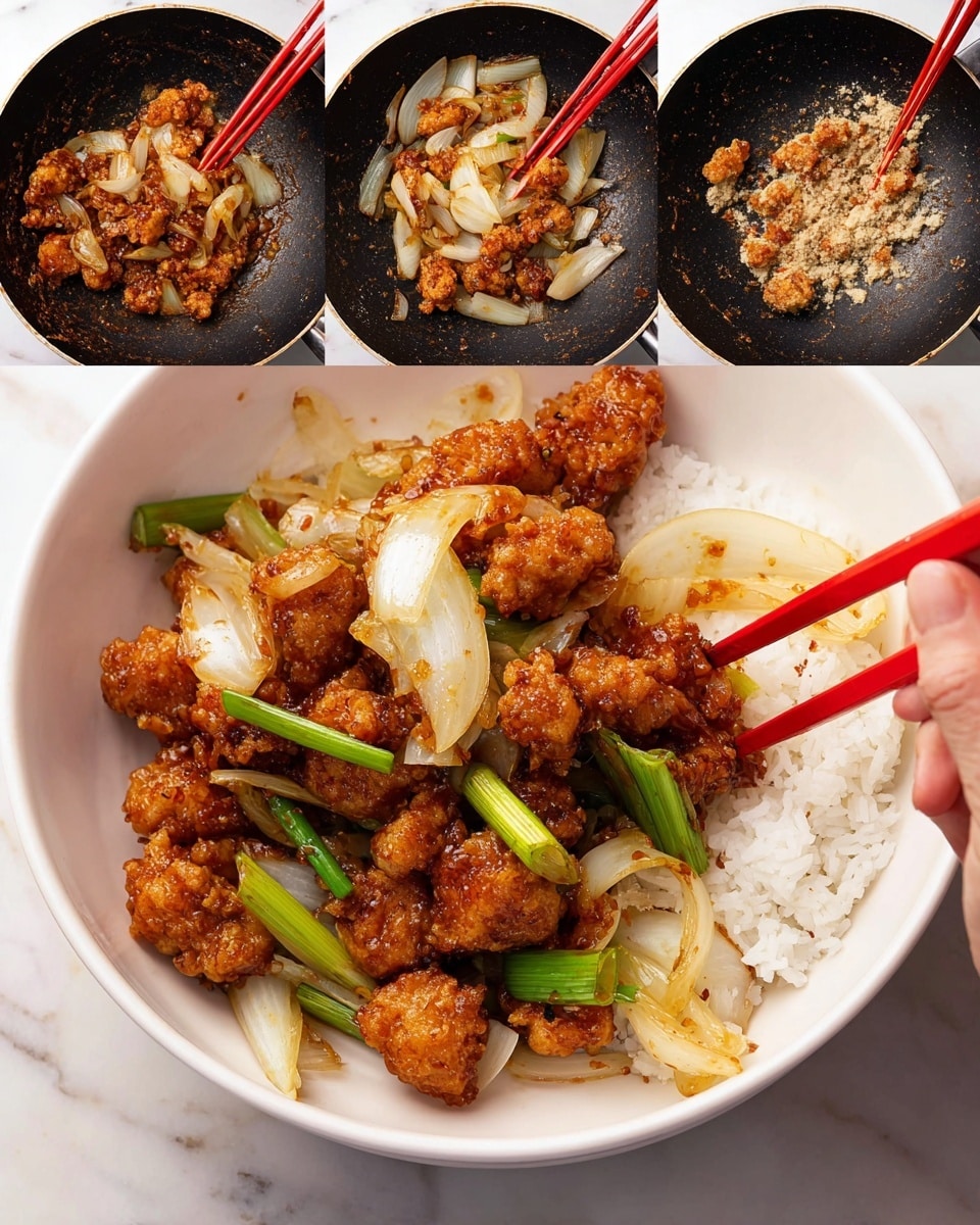 A white bowl holds a dish with three main layers: the bottom layer is plain white rice, the middle layer has orange-brown fried pieces with a textured, crispy coating, and the top layer features cooked thick slices of onion and green celery, both slightly glossy with a cooked sheen. The fried pieces and vegetables are mixed evenly, showing a shiny, slightly oily surface with a rich sauce coating each piece. The bowl is placed on a white marbled surface, and a pair of red chopsticks sit on the edge of the bowl, adding a pop of color. Photo taken with an iphone --ar 4:5 --v 7