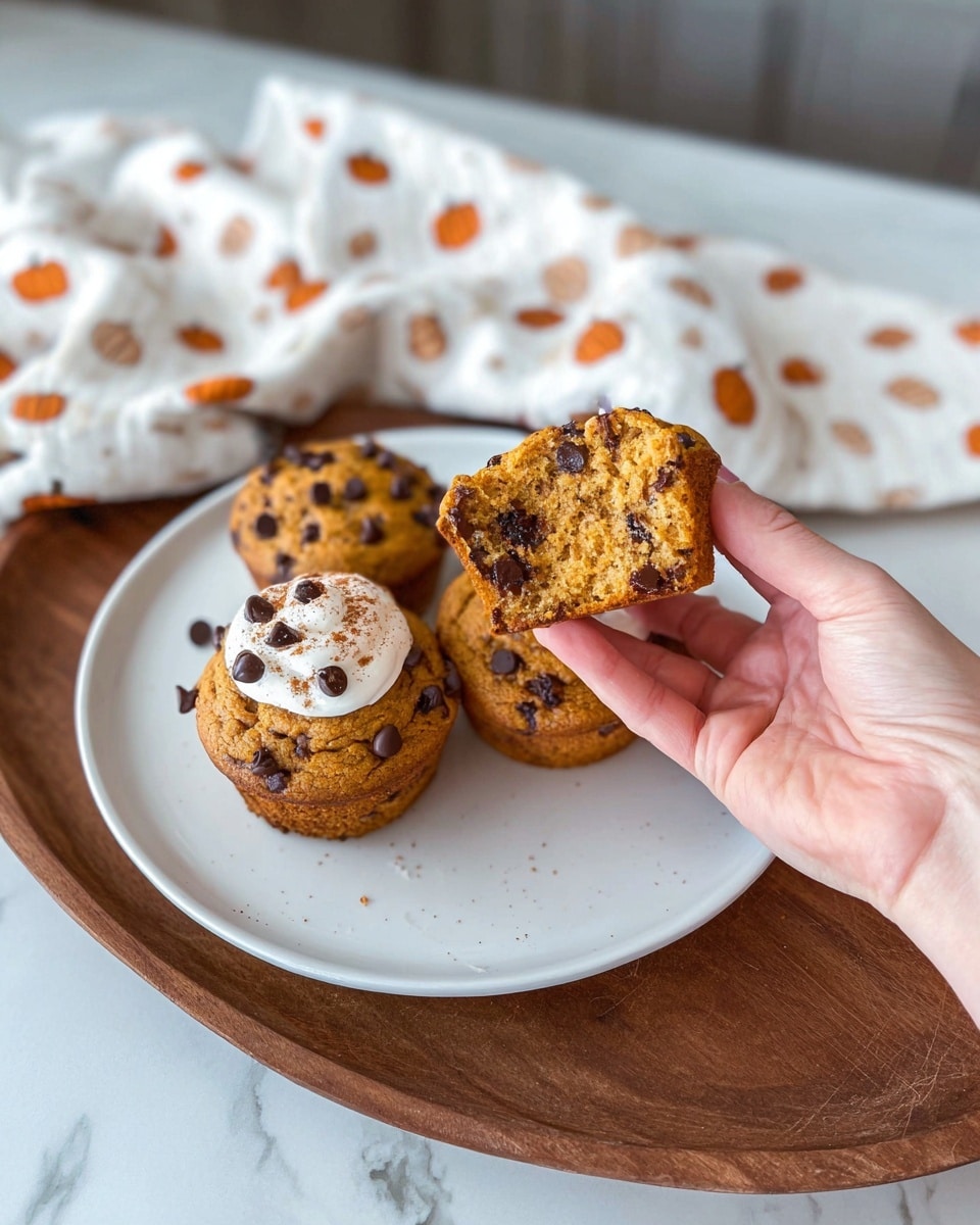 A white plate holds three golden-brown muffins with chocolate chips, placed on a wooden tray over a white marbled surface. A woman's hand is holding half of one muffin close to the camera, showing its moist inside filled with dark chocolate chips, topped with a swirl of white cream and a dusting of cinnamon. In the background, a white cloth with small orange pumpkin prints is softly draped. photo taken with an iphone --ar 4:5 --v 7
