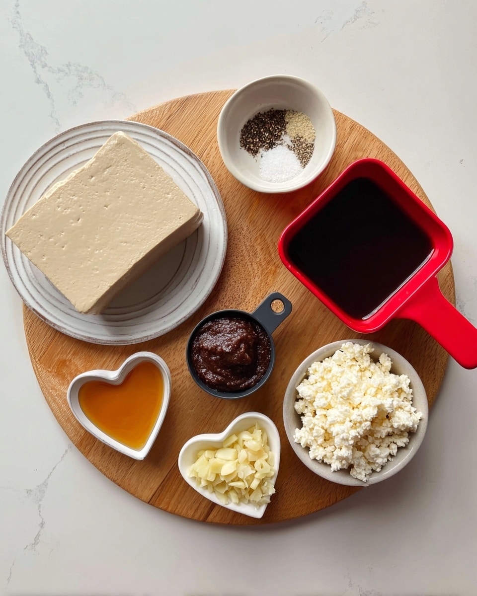 A round wooden board holds six ingredients arranged neatly on a white marbled surface. On the left, a block of light beige tofu lies on a white plate with subtle vertical stripes. Above it, there is a small white bowl containing a mix of black pepper, salt, and other spices. Next to the bowl, a small pile of chopped light yellow garlic sits directly on the wooden board. To the right, a small black measuring cup filled with a dark liquid rests near an open red rectangular container with thick dark brown paste inside. At the bottom right, a small white bowl holds crumbly white cottage cheese. Near the bottom left, a white heart-shaped dish contains amber-colored honey. Photo taken with an iphone --ar 4:5 --v 7