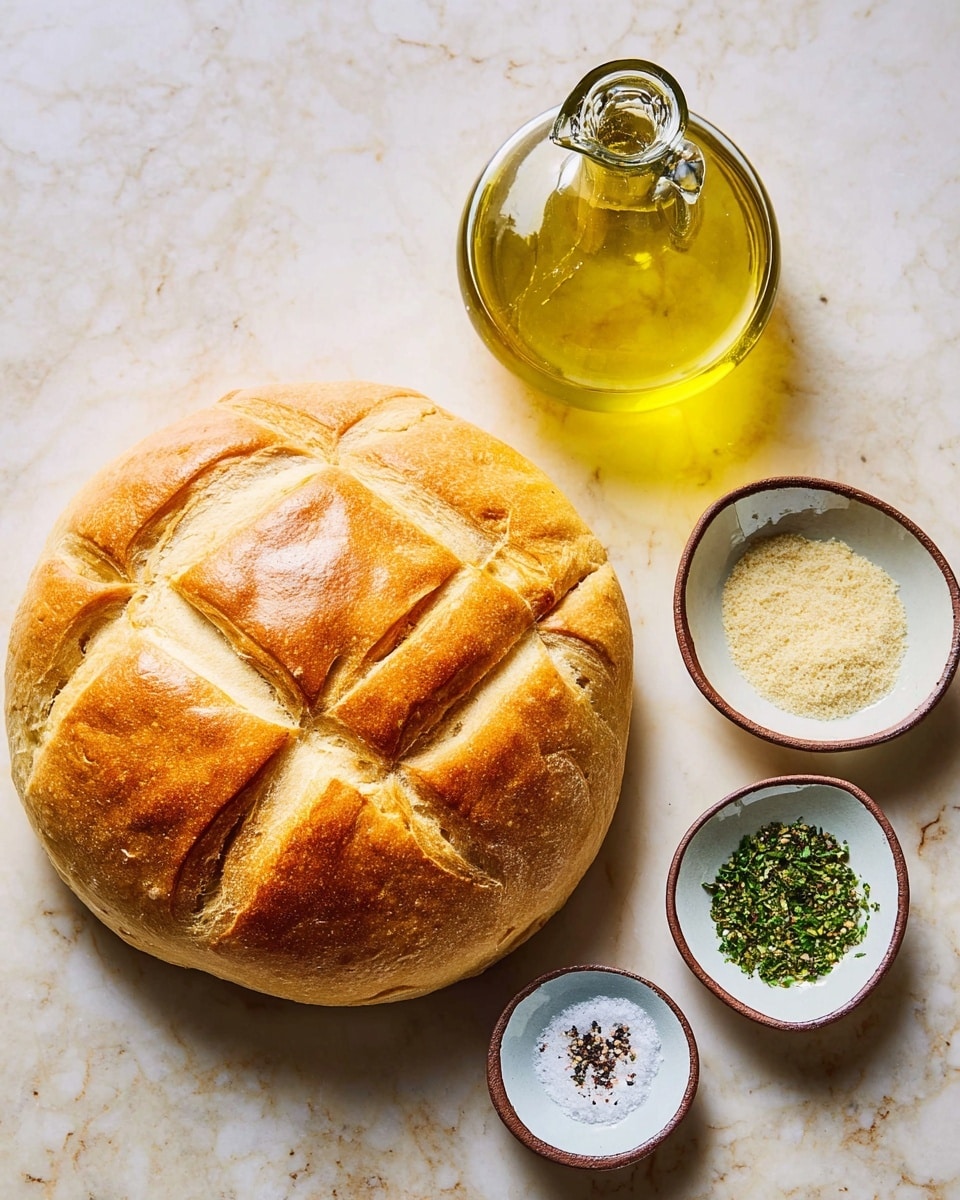 A round loaf of bread with a golden brown crust sits on a white marbled surface, marked on top with a crisscross pattern showing slightly darker baked sections. Above the bread is a clear glass bottle filled with yellow olive oil, its top part visible with a metallic spout. To the right of the loaf, three small white bowls with brown rims contain separate ingredients: one with a mix of white salt and black pepper, another with light yellow granular powder, and the last one with finely chopped green herbs. The overall scene is bright and clean. photo taken with an iphone --ar 4:5 --v 7