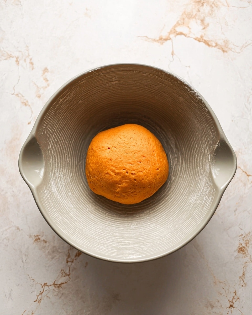A single round ball of smooth, orange dough sits in the center of a large light grey mixing bowl with a textured, ridged surface and two small pouring spouts on opposite sides. The bowl is placed on a white marbled surface with soft grey and beige veins, giving a clean and simple background. The dough has a soft, slightly uneven texture with small bumps and a matte finish. photo taken with an iphone --ar 4:5 --v 7