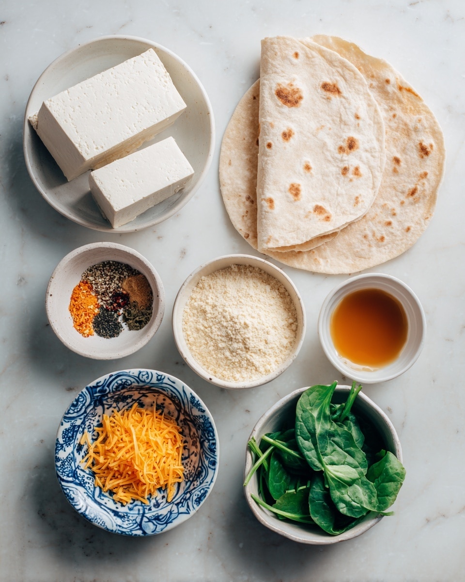 The image shows seven ingredients arranged neatly on a white marbled surface. In the top left, there is a small white bowl holding two rectangular blocks of extra firm tofu, creamy white in color and slightly crumbly. Next to it in the middle top is a small white bowl containing mixed seasonings with orange, black, and white powders visible. On the top right, there is a folded, light beige tortilla with brown toasted spots. Below the tofu, a small white bowl holds pale yellow chickpea flour with a fine texture. In the center bottom, a small bowl with a blue and white pattern contains shredded vegan cheese, bright orange and slightly moist. To the right of it, a small white bowl has a caramel-colored liquid labeled aquafaba. Lastly, on the bottom right, a white bowl holds fresh green spinach leaves, slightly crinkled and vibrant. The items are neatly spaced and labeled with text below each bowl or item. Photo taken with an iphone --ar 4:5 --v 7