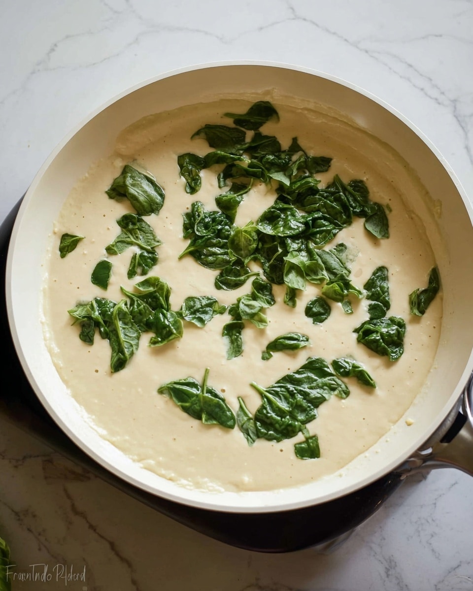 A white pan with light beige batter spreading in one layer and fresh dark green spinach leaves scattered unevenly under and on the surface, cooking on a stove with a white marbled background, photo taken with an iphone --ar 4:5 --v 7