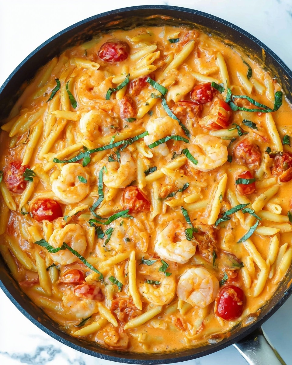 The image shows a close-up of a large pan filled with a creamy orange sauce dish. The dish has about two main layers: the thick sauce with a smooth texture as the base, and on top, short yellow pasta pieces mixed evenly with medium-sized shrimp that are light orange and white. There are scattered halved cherry tomatoes that add red color, and thin strips of fresh green basil leaves sprinkled over the dish, adding a touch of contrast. The pan is black, placed on a surface with a white marbled texture. Photo taken with an iphone --ar 4:5 --v 7