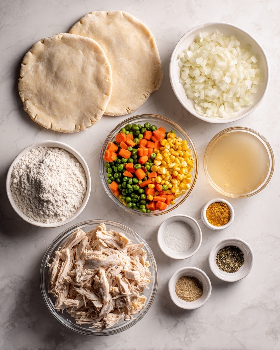 This image shows several cooking ingredients placed on a white marbled surface. There are two rolled pie crusts on the top left, smooth and light beige in color. To the right of the crusts is a small white bowl filled with chopped white onions. Below the onions, a round clear glass bowl contains a light golden liquid of chicken broth. In the center, another clear glass bowl holds mixed vegetables with bright orange carrots, yellow corn, and green beans visible. Under the crusts and to the left of the vegetables is a small white bowl of white flour with a powdery texture. Below the vegetables is a larger white bowl filled with shredded, light beige chicken. Finally, at the bottom right corner, a small white bowl contains different colored spices—yellow, black, and white. The photo taken with an iphone --ar 4:5 --v 7