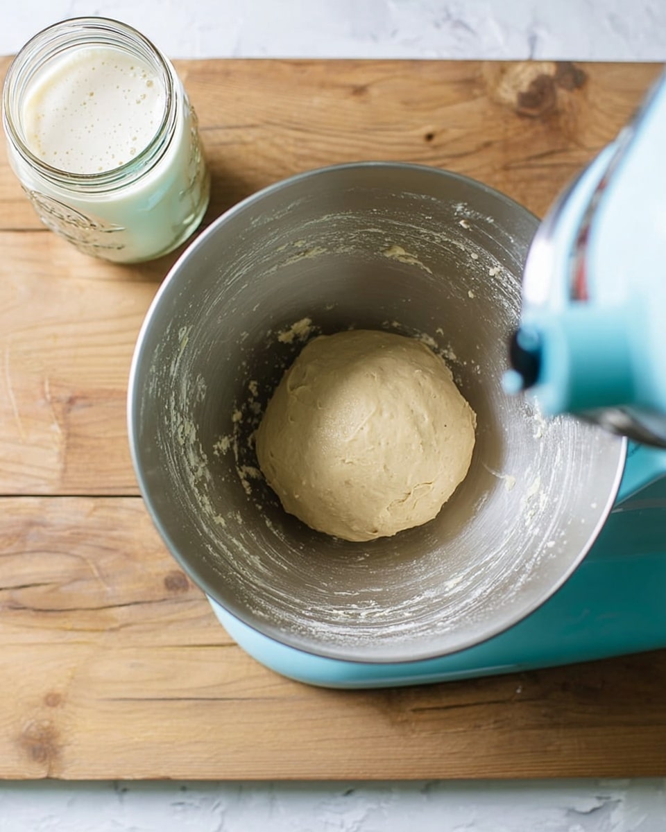 The image shows a top view of a metal mixing bowl inside a light blue stand mixer. Inside the bowl, there is a single ball of light beige dough with a soft, slightly sticky texture, pressed lightly into the bottom. The inside of the bowl has streaks of dough stuck to the sides. Next to the mixer on the wooden surface, there is a glass jar filled with creamy frothy liquid. The background is a white marbled texture. Photo taken with an iphone --ar 4:5 --v 7