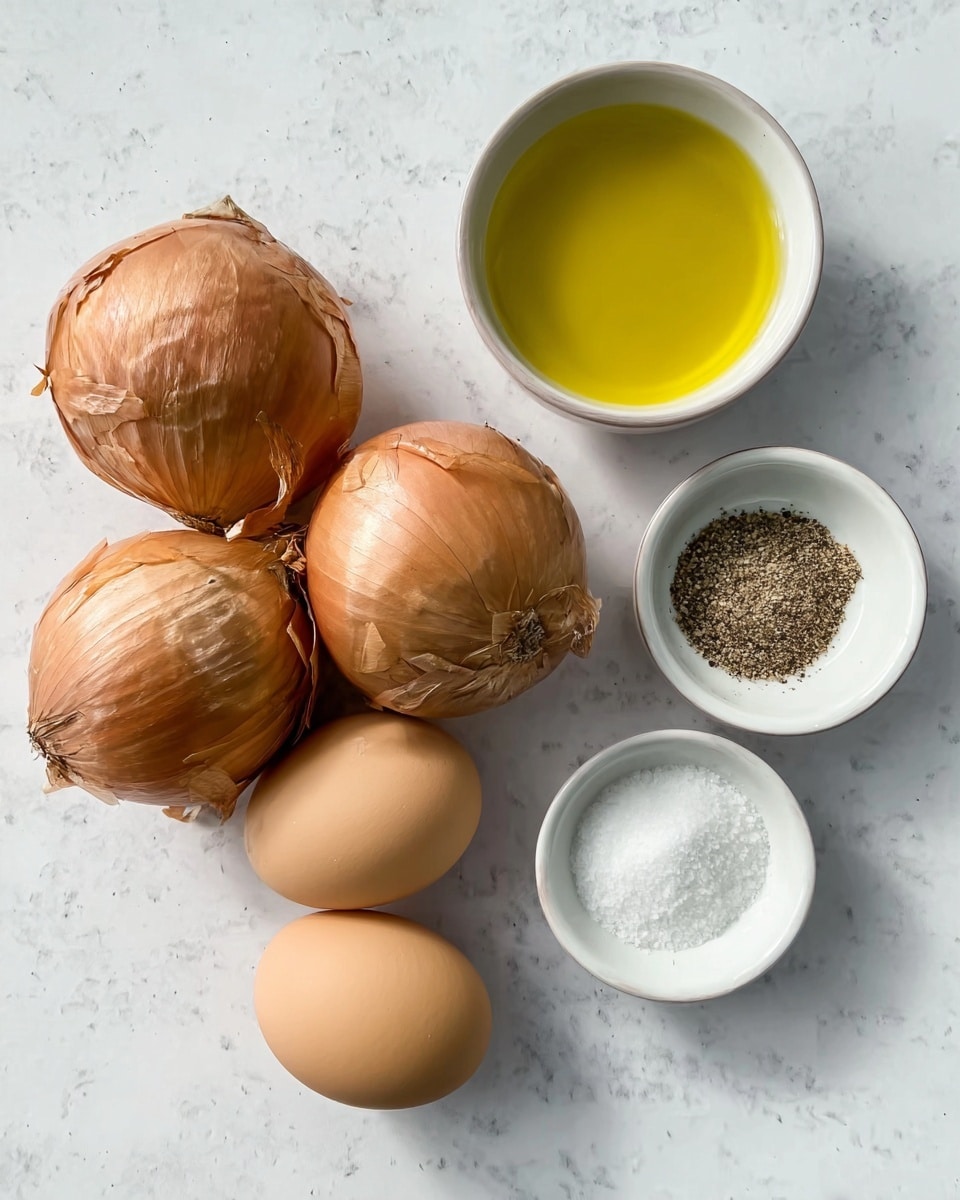 The image shows three whole brown onions with dry skins placed on a white marbled surface on the left side. Below the onions are three light brown eggs resting closely together. On the right side, there are three small white bowls arranged in a triangular shape: one filled with clear yellow oil at the top, one with black pepper in the middle, and one with white salt at the bottom. The overall setup is simple and neat with natural lighting. Photo taken with an iphone --ar 4:5 --v 7