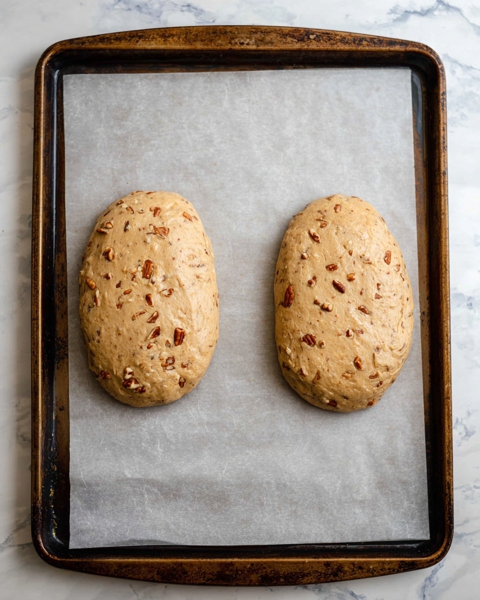 Two oval-shaped dough pieces sit on a sheet of parchment paper on a dark metal baking tray. The dough is light brown with small pieces of nuts and other ingredients mixed in, giving it a slightly rough texture. The tray is placed on a white marbled surface. The dough pieces are spaced apart, showing their soft and thick shapes clearly. Photo taken with an iphone --ar 4:5 --v 7