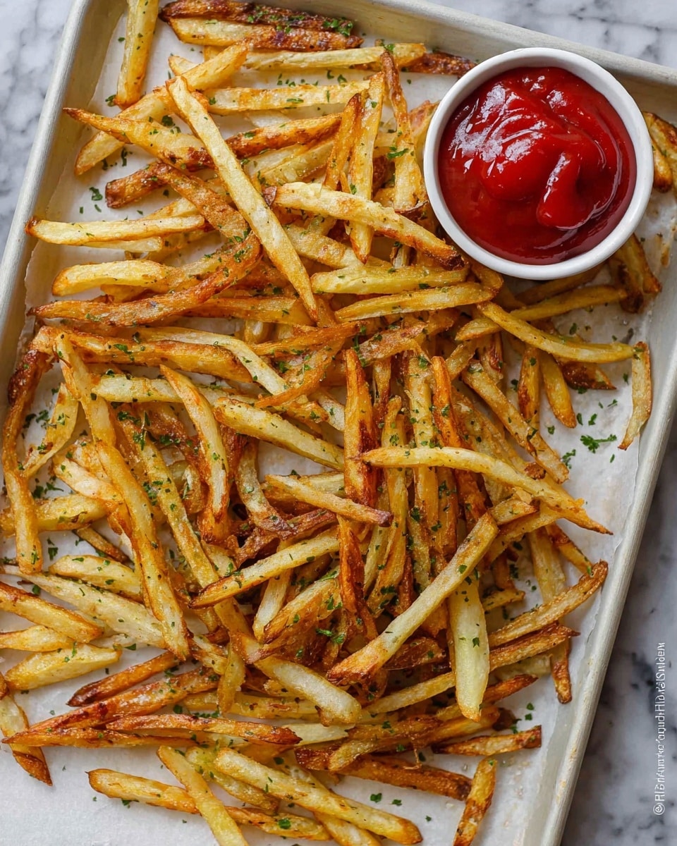 The image shows a white tray covered with crispy baked French fries, scattered unevenly with some fries slightly browned and others light golden. The fries are thin and long, with some pieces displaying small bits of green herbs sprinkled over them for garnish. On the right side of the tray, there is a small white bowl filled with thick red ketchup, adding a bright color contrast. The tray rests on a white marbled surface, creating a clean and simple background. photo taken with an iphone --ar 4:5 --v 7