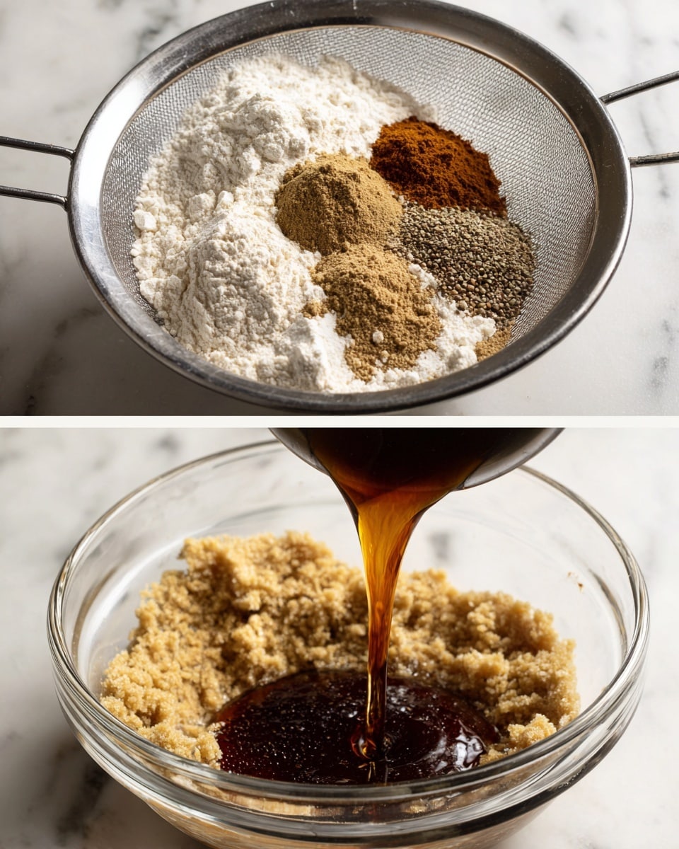The image shows two side-by-side close-up photos of ingredients for baking. The first photo features a fine metal sieve holding a mix of white flour and several small mounds of spices in different shades of brown, beige, and gray, positioned mostly in the center. The dry ingredients create a rough, powdery texture with some small clumps. The second photo depicts a clear glass bowl with thick light beige butter and brown sugar chunks at the bottom. A thick glossy dark brown syrup is being poured into the bowl from above, creating a shiny, smooth flow that contrasts with the matte textures below. Both photos are set on a white marbled surface. Photo taken with an iphone --ar 4:5 --v 7
