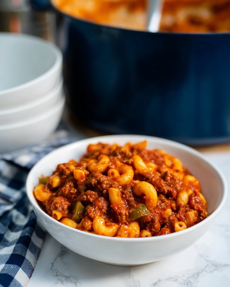 A close-up view of a thick, hearty macaroni dish with three main layers visible in the ladle: a top layer of elbow-shaped pasta coated in a rich red tomato sauce, a middle layer of chunky browned ground meat mixed with bits of onion and green pepper, and a background layer blending these ingredients smoothly with the sauce soaking into the pasta. The colors range from deep reddish-orange of the sauce to the earthy brown of the meat and the light yellow-beige of the pasta. The overall texture is chunky and dense with a moist, saucy finish. The ladle is held above a white marbled surface, filled with more of the same dish below. Photo taken with an iphone --ar 4:5 --v 7