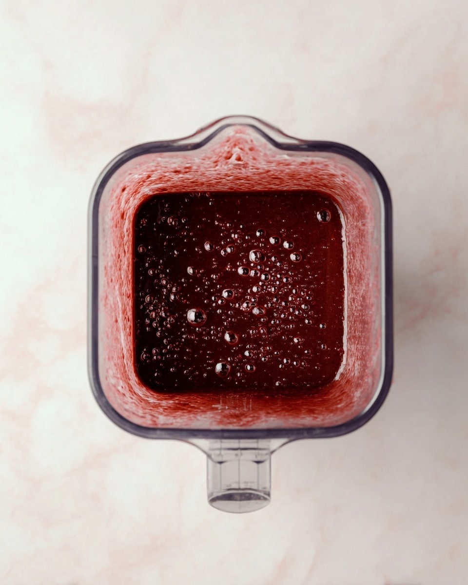 A top view of a blender container filled with a thick, dark red smoothie that has a slightly glossy texture with small bubbles on the surface and some blending residue on the sides inside the container. The container is clear with a handle visible on the right side, placed on a white marbled surface. photo taken with an iphone --ar 4:5 --v 7