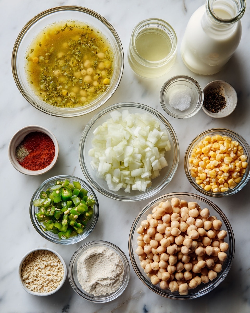 The image shows various clear glass bowls arranged on a white marbled surface, each holding a different ingredient. At the top left, a large bowl contains yellow broth with flecks of green herbs. To its right, there's a clear bottle of white milk and a small glass container with light yellow oil. Below the oil, a medium bowl is filled with chopped white onion pieces. Near the bottom right, a large bowl holds a mix of beige chickpeas and navy beans. To the left of this bowl, there are smaller bowls: one with chopped green chilies with a chunky texture, one with white flour powder, one with corn kernels bright yellow in color, and one with finely chopped garlic. In the center, a small dish contains three seasonings in red, pale brown, and green shades, and another tiny dish with white salt and black pepper. The arrangement is neat and clean with soft natural light. Photo taken with an iphone --ar 4:5 --v 7