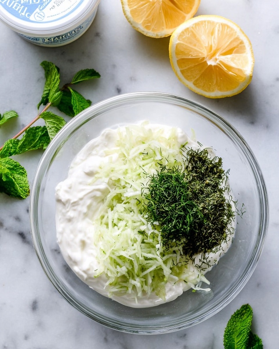 The image shows a clear glass bowl with three layers inside, placed on a white marbled surface. The bottom layer is a white creamy base of Greek yogurt, smooth and thick. On one side of the bowl, there is a pile of finely shredded pale green cucumber with a watery texture. Next to the cucumber, there is a fresh heap of finely chopped dark green herbs, likely dill and mint, scattered lightly over the yogurt. Around the bowl, there are two lemon halves with a bright yellow peel and juicy, glossy inside, along with fresh green mint leaves placed delicately on the surface. A container of Greek yogurt is partially visible in the corner. The overall tone is fresh, light, and clean, photo taken with an iphone --ar 4:5 --v 7