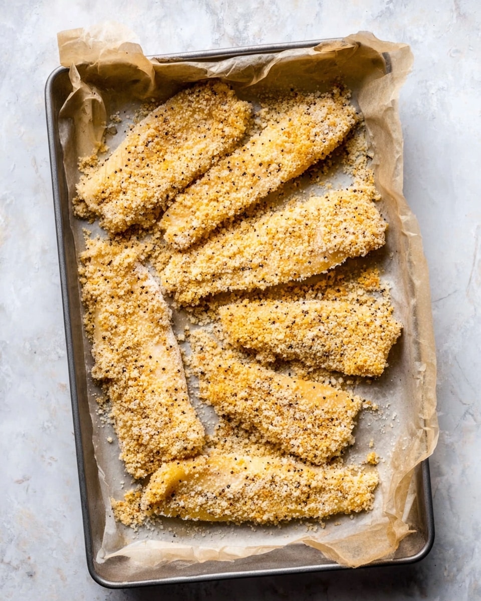 The image shows a metal baking tray lined with wrinkled parchment paper on a white marbled surface. Inside the tray are seven rectangular pieces of fish covered in a thick crumb coating. The crumb layer is light yellow with a rough, grainy texture, speckled with small bits of black pepper, covering the entire surface of each fish piece. The fish pieces are arranged in a slightly scattered pattern, some pieces longer and thinner while others are shorter and wider, with the crumbs sticking unevenly to the moist fish underneath. Photo taken with an iphone --ar 4:5 --v 7