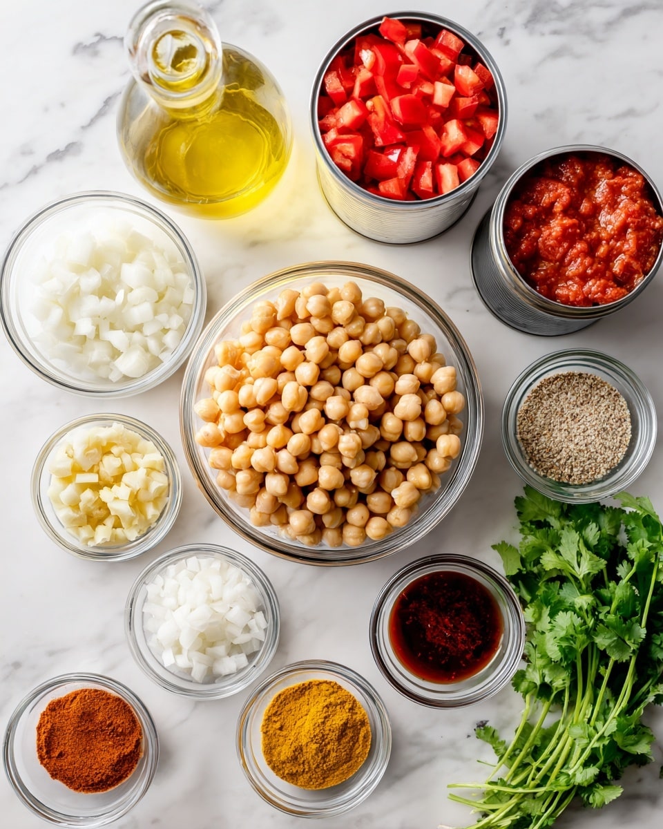 The image shows a white marbled surface with various clear glass bowls and cans arranged neatly. In the center, a large clear bowl is filled with beige chickpeas. To the top left, a clear bottle with light yellow oil sits next to two open white cans filled with red diced tomatoes on the top right. Below the oil, a dark gray can containing white coconut milk sits. Below the chickpeas to the left, a medium clear bowl holds white diced onions. Near the bottom center, two small clear bowls contain light tan chopped ginger and pale yellow chopped garlic. To the bottom right of those, a small bowl with dark red tomato paste is visible. Below and to the left, a small clear bowl contains a mix of yellow turmeric, brown garam masala, orange cayenne, and salt. Next to it on the right, a small bowl has light brown cumin seeds. On the far right, a bunch of fresh green cilantro with stems lies on the surface. The overall setup looks clean and organized on the white marbled surface photo taken with an iphone --ar 4:5 --v 7
