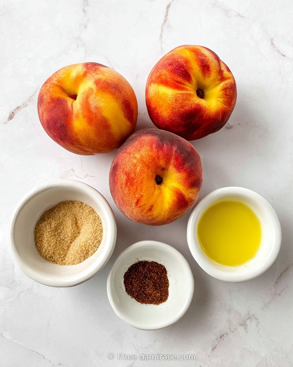 The image shows four whole peaches with a mix of orange, red, and yellow skin colors, slightly fuzzy in texture, arranged on a white marbled surface. Below the peaches are three small white bowls: one bowl contains light brown sugar with a grainy texture, another bowl holds a dark brown powder, likely cinnamon, and the third bowl has a yellow melted butter with a slight froth on top. The arrangement is neat and evenly spaced. Photo taken with an iphone --ar 4:5 --v 7