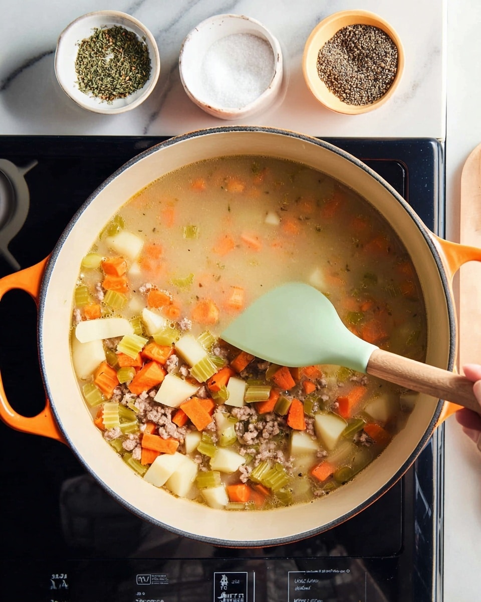 A white pot with light orange handles is filled with a soup made of small diced white potatoes, thin orange carrot strips, ground meat pieces, and light green celery bits in a clear broth with some seasoning herbs floating. A woman's hand is holding a light green spatula stirring a pale beige creamy mixture blending into the soup. The pot is placed on a black stove surface, next to a white bowl with coarse salt and another white bowl with cracked black pepper, all set on a white marbled texture. Photo taken with an iphone --ar 4:5 --v 7