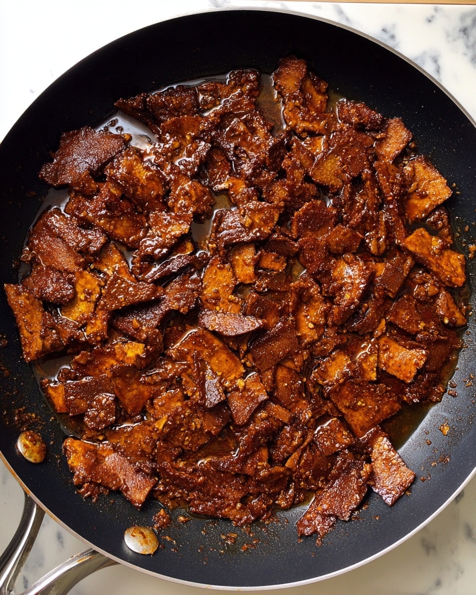 The image shows a black frying pan filled with many irregular, thin pieces of a dark brown cooked food, covered unevenly with a glossy sauce that has a slightly oily texture. The pieces vary in size and shape, some large and flat while others are smaller and crumbly, all mixed together firmly coated in the rich sauce. The pan sits on a white marbled surface, with a glimpse of a silver handle attached to it. Photo taken with an iphone --ar 4:5 --v 7