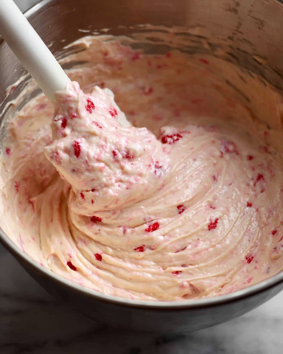 This image shows a close-up of pale pink batter mixed with small bright red bits inside a metal bowl. A white spatula with some batter clinging to it is lifting a swirl of the thick, creamy mixture, revealing a slightly smooth texture with visible chunks of red throughout. The batter looks soft and well mixed, spread unevenly inside the bowl, creating gentle waves and peaks. The scene is set on a white marbled surface. Photo taken with an iphone --ar 4:5 --v 7