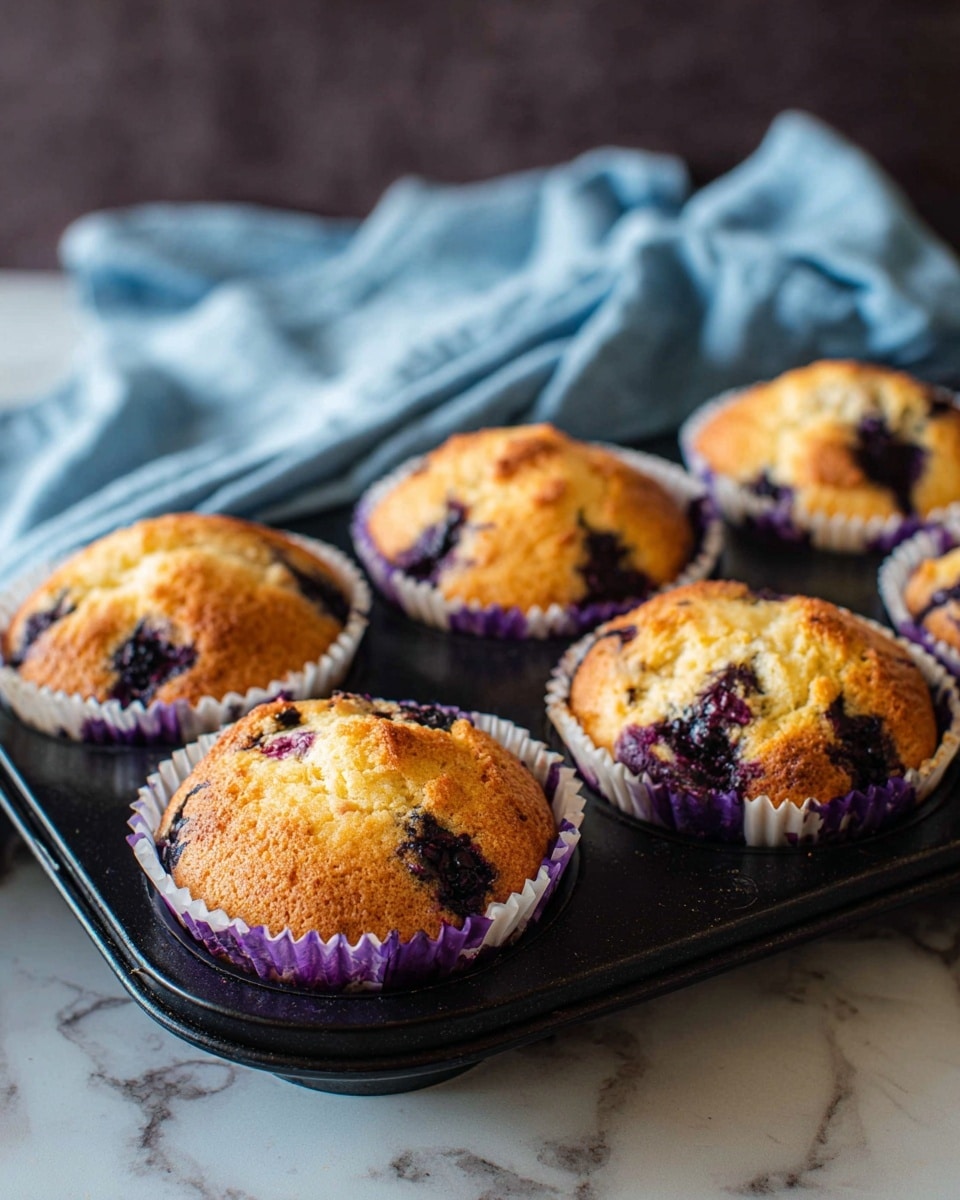 The image shows six golden-brown muffins with dark purple blueberry spots baked in white paper cups with purple edges, placed in a black muffin tray. Each muffin is slightly domed and has a textured, cracked top that reveals the blueberries inside. The tray rests on a white marbled surface, and a light blue cloth is softly draped in the background, adding a cozy touch. Photo taken with an iphone --ar 4:5 --v 7