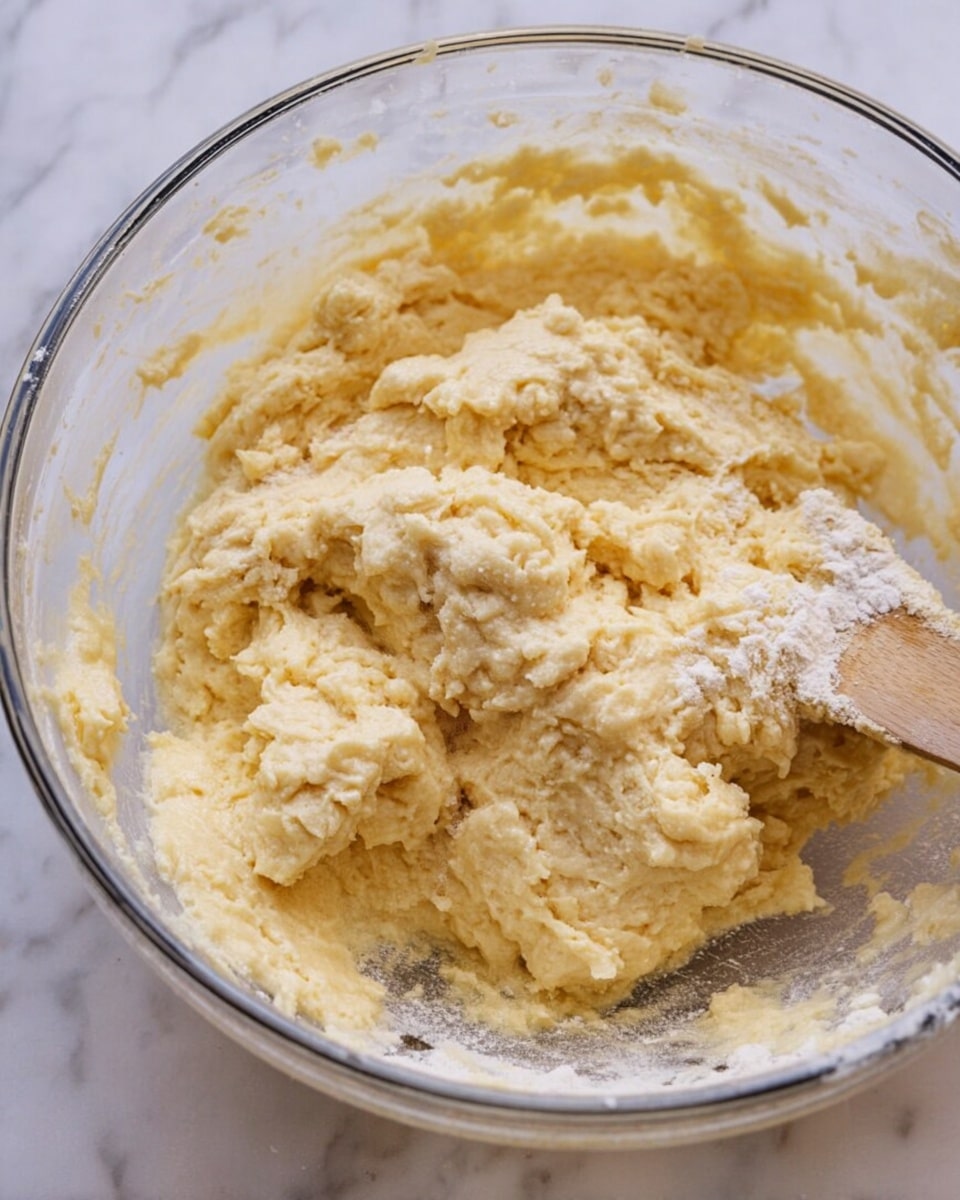 A clear glass bowl sits on a white marbled surface, filled with thick, pale yellow dough that has a slightly lumpy texture with some patches of dry flour showing on top. A wooden spoon is partly visible on the right side, stirring the dough. The dough looks soft and sticky with a mix of smooth and rough areas. Photo taken with an iphone --ar 4:5 --v 7