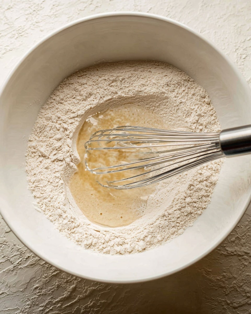 A white bowl filled with a layer of light beige flour spread evenly inside. A thin layer of clear liquid is being poured into the center of the flour, creating wet patches around it. A silver metal whisk with a black grip is resting in the bowl, its head partially covered by the flour and liquid mixture. The background is a white marbled surface. photo taken with an iphone --ar 4:5 --v 7