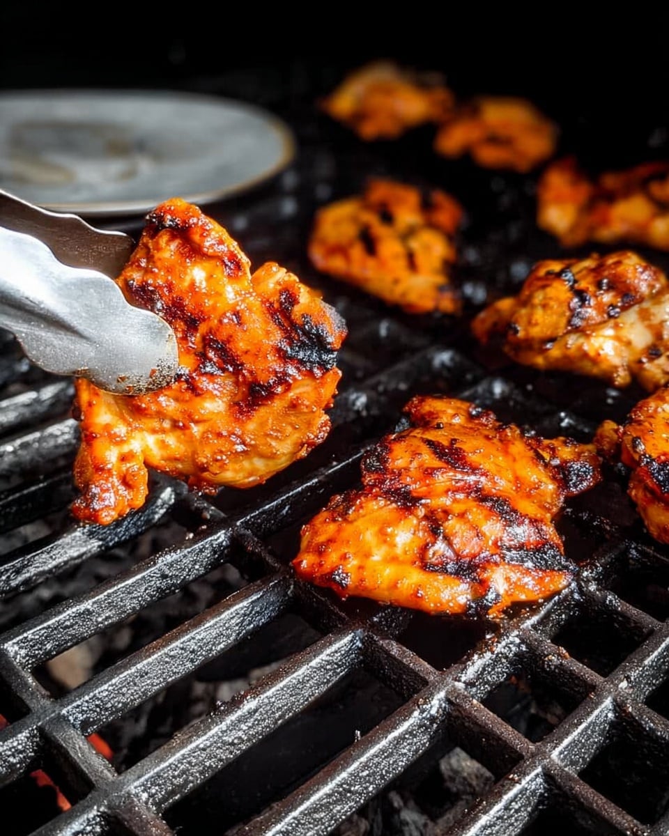 Several pieces of grilled chicken with orange-brown color and some charred spots sit on a black grill. The chicken pieces have a shiny, slightly textured surface, showing they are cooked and juicy. A silver metal tong is holding one piece of chicken near the center left, and there is a white plate at the top left corner on a white marbled surface. The background is dark, focusing on the grilled chicken. photo taken with an iphone --ar 4:5 --v 7