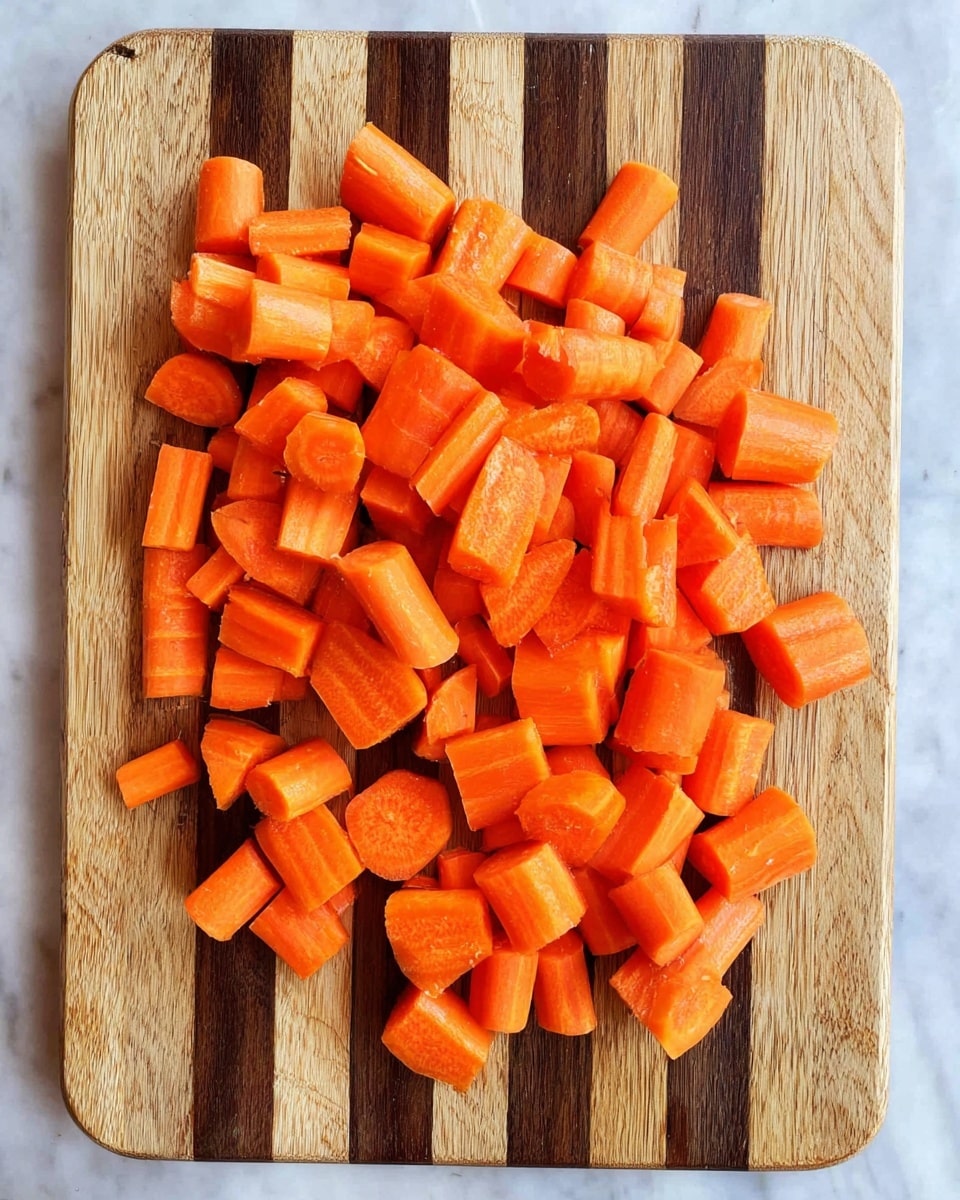 A top-down view of many small, uneven carrot pieces spread across a wooden cutting board with light and dark brown stripes. The carrot pieces are bright orange, showing smooth and shiny surfaces where they have been cut, with some pieces showing a slightly lighter orange inner core. The wooden board sits on a white marbled textured surface. photo taken with an iphone --ar 4:5 --v 7