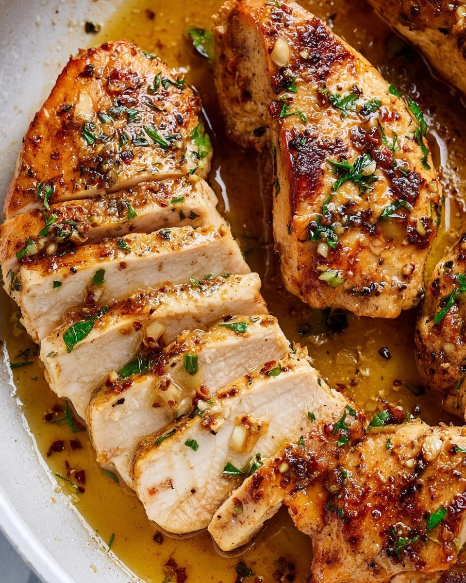 The image shows several pieces of cooked chicken on a white pan with a white marbled texture surface. One piece is sliced into five thick pieces, revealing a juicy and tender inside that is light cream in color. The cooked chicken pieces have a golden brown color with small bits of browned garlic and black pepper scattered on top. Fresh green herbs are sprinkled over the chicken, adding a touch of color contrast. The pan also has a rich, golden-brown sauce that looks oily and flavorful, pooling around the chicken pieces photo taken with an iphone --ar 4:5 --v 7