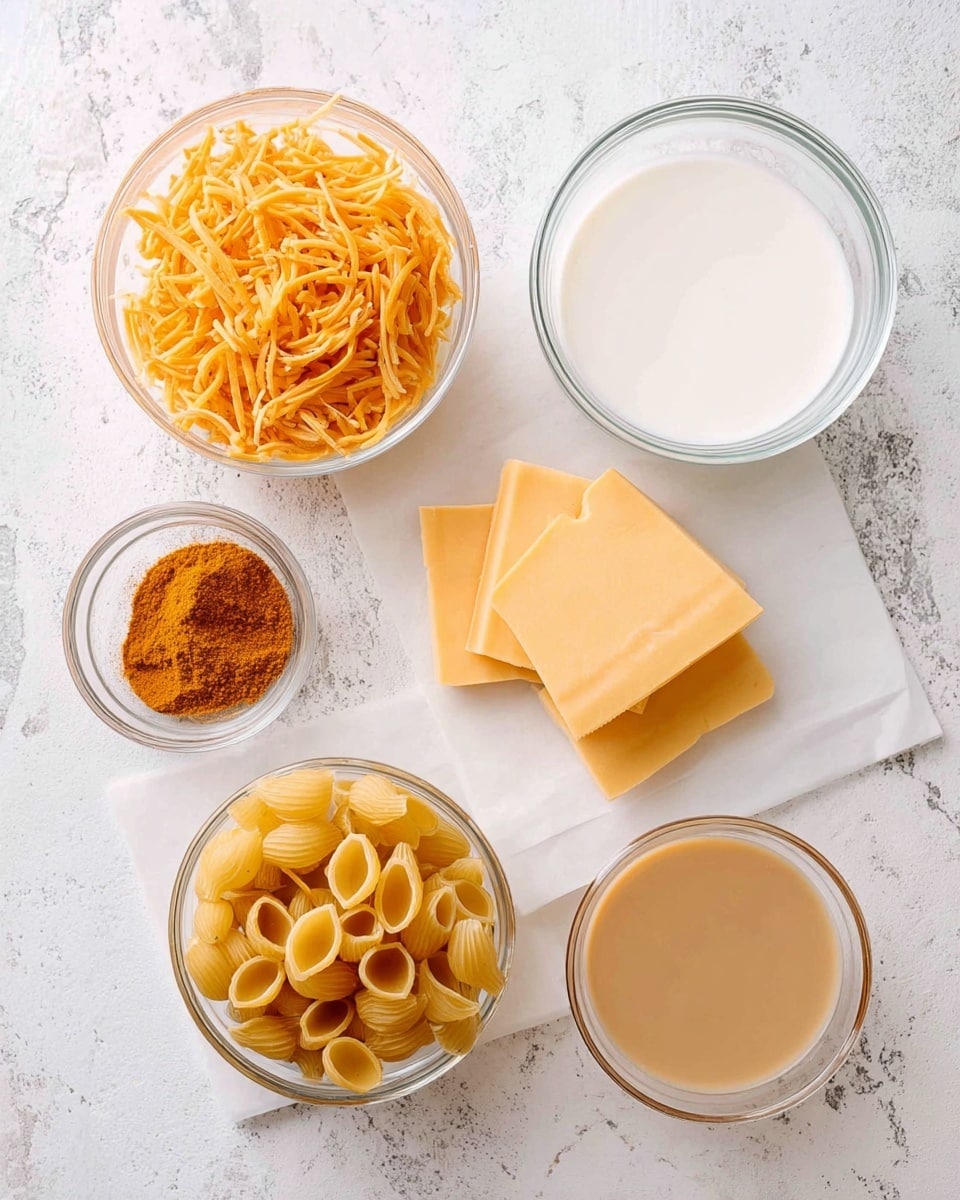 Six clear glass bowls and one white square paper hold ingredients arranged on a white marbled textured surface. At the top left, a bowl is filled with shredded orange cheese with a fine stringy texture. To its right, a bowl contains a smooth white liquid, likely milk or cream. Next to that, there is a smaller bowl holding a pile of orange powdered spice. Below these, a larger bowl holds yellow dry pasta shells with a hard texture. To the right of the pasta and below the spice, two slices of pale yellow cheese rest stacked on the white paper. On the far right, a bowl filled with a creamy tan liquid completes the setup. The photo taken with an iphone --ar 4:5 --v 7