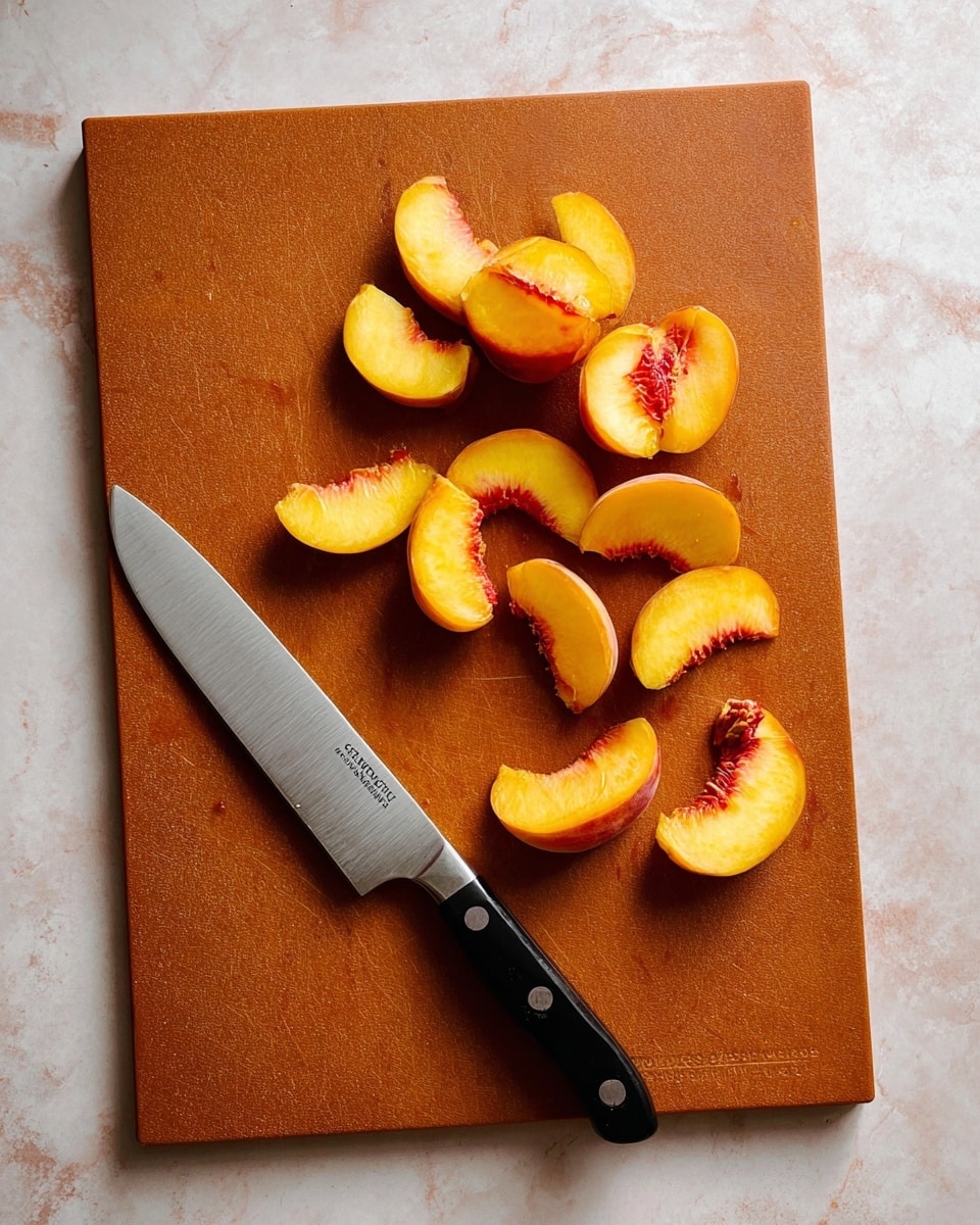 A brown cutting board with visible knife marks holds ten slices of peach arranged loosely in a scattered pattern near the top half, showing their yellow flesh with a reddish tint near the peel; a small peach pit is near the bottom center. A knife with a shiny metal blade and a black handle with three rivets lies horizontally below the peach slices. The surface below the cutting board has a white marbled texture photo taken with an iphone --ar 4:5 --v 7