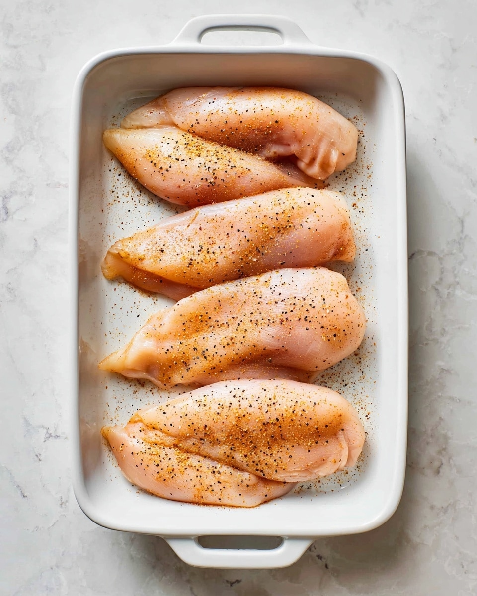 A close-up image of five raw chicken fillets laying flat in a white rectangular baking dish with handles. Each fillet is pale pink with smooth, moist texture, lightly seasoned with a dusting of orange-brown spice powder and black pepper flakes evenly spread across their surfaces. The dish sits on a white marbled surface with subtle gray veins, showing a clean and simple food preparation setting. photo taken with an iphone --ar 4:5 --v 7