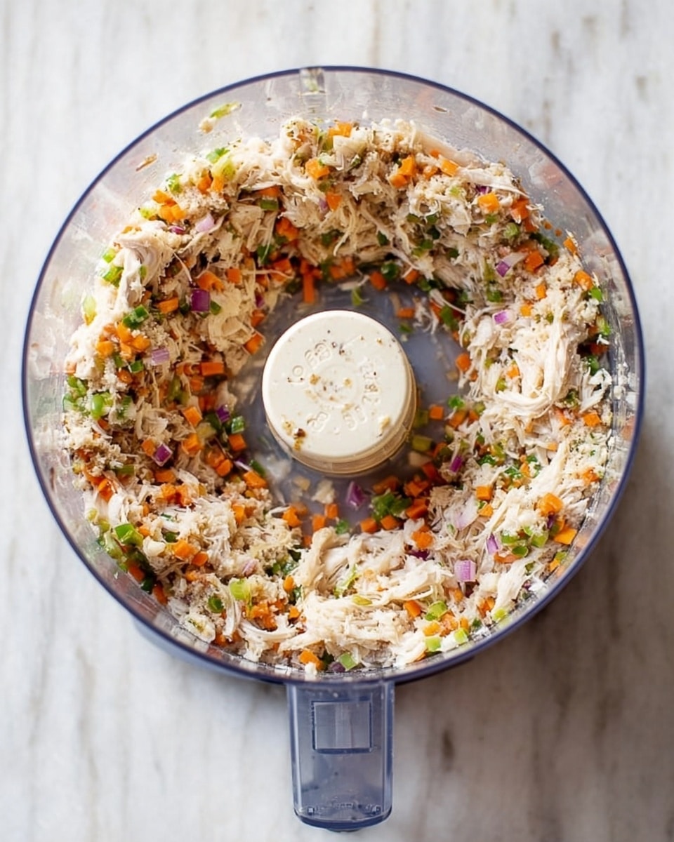 Inside a clear food processor bowl placed on a white marbled surface, there is a thick mix made of finely shredded white meat with small pieces of orange carrot, green celery, and bits of purple onion. The mixture forms a ring shape around the center blade, leaving the middle empty. The inside walls of the bowl show bits of the same mixture stuck on them, with the bowl's clear plastic handle visible at the bottom facing forward. Photo taken with an iphone --ar 4:5 --v 7