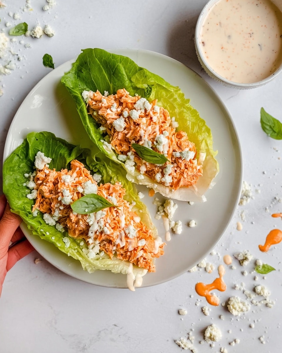 The image shows two lettuce wraps on a white plate placed on a white marbled surface. Each wrap has a large green romaine lettuce leaf base, topped with a thick layer of finely shredded orange salmon mixed with small white cheese crumbles. There are fresh green herb leaves on top of the salmon mixture, and a drizzle of creamy white sauce is spread unevenly over the filling. Scattered around the plate and surface are extra cheese crumbles and drops of bright orange sauce. To the right side of the plate is a small white bowl filled with a creamy dressing. A woman's hand is reaching toward the plate from the top left corner. Photo taken with an iphone --ar 4:5 --v 7