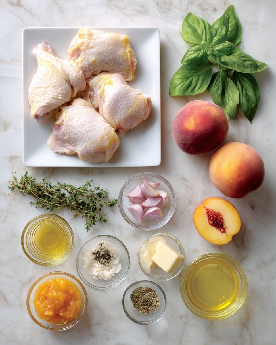 A white marbled surface holds an arrangement of ingredients neatly separated in small clear glass bowls and loose form. At the top left, four raw chicken thighs with pale pink and yellow skin rest on a white square plate. Next to them, two whole peaches show a smooth reddish-orange skin. To their right, a small glass bowl filled with light yellow olive oil sits next to a smaller bowl of smooth Dijon mustard in a soft yellow tone. Below this row, several small clear bowls contain gut textural ingredients: thinly sliced pale purple shallots, minced light yellow garlic, black and white ground salt and pepper, dusty green dried thyme, and golden honey. At the bottom left, a glass bowl contains bright orange peach preserves, a glass bowl with pale yellow chicken broth, and a small block of creamy yellow butter. In the middle foreground, bright green fresh basil leaves add color contrast. The overall look is clean, fresh, and organized on the white marbled surface. photo taken with an iphone --ar 4:5 --v 7