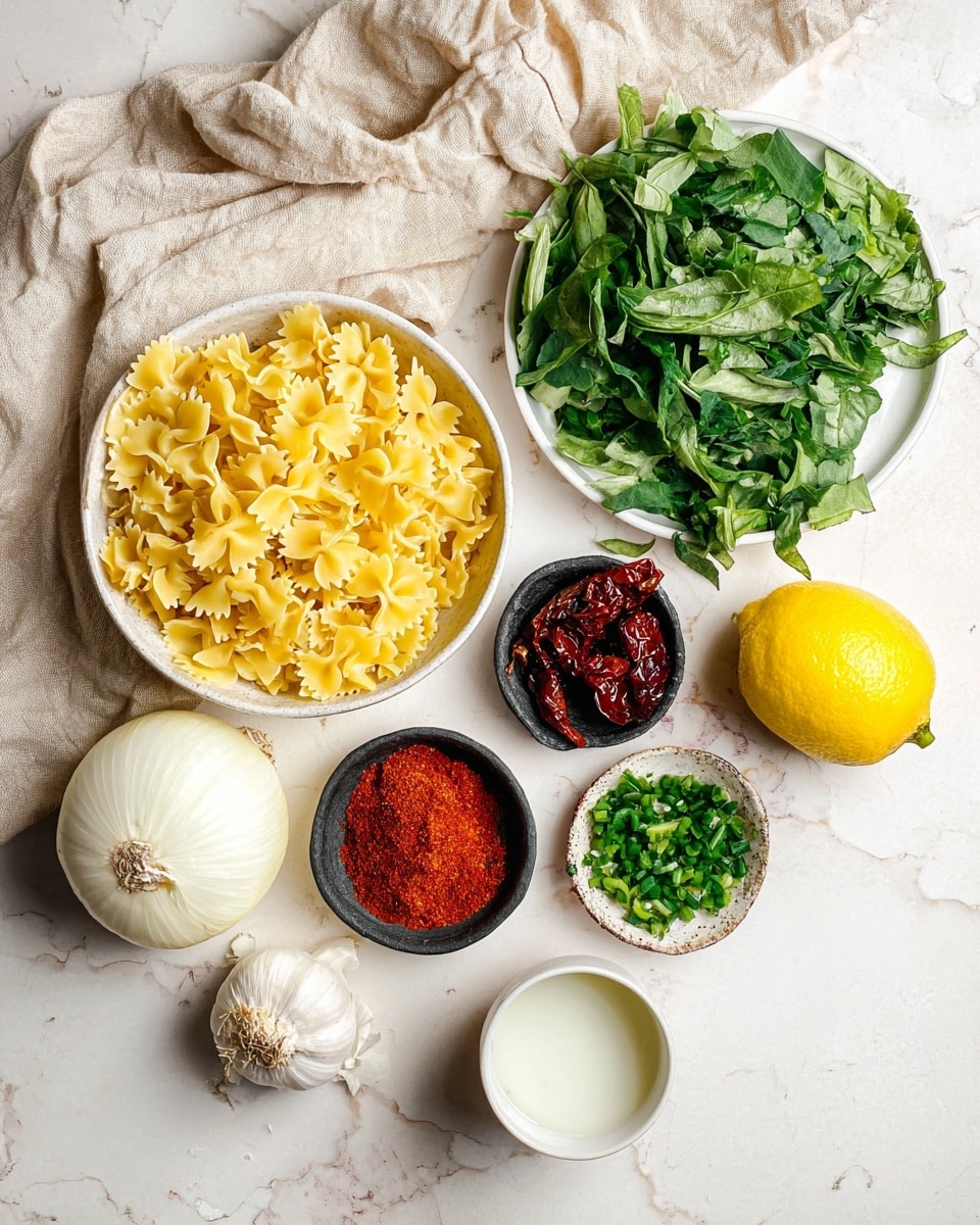 The image shows a group of fresh ingredients arranged on a white marbled surface. There is a white plate at the top right filled with two types of green leafy herbs, one with larger leaves and the other finely chopped. Below and to the left, a white bowl is filled with yellow uncooked bow-tie pasta. Next to the pasta, there is a small black bowl of dark red sun-dried tomatoes. Close to the pasta, there are two small ceramic bowls, one with bright red powder and the other with chopped green herbs and some white bits. On the left side of the image, a few whole white onions are stacked near a bright yellow lemon. A single bulb of garlic is placed near the lemon. Lastly, a white cup filled with a white liquid sits near the bottom center. A beige cloth is casually laid out in the upper left corner. Photo taken with an iphone --ar 4:5 --v 7