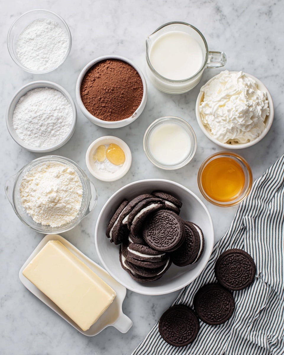 A group of various ingredients is shown on a white marbled surface. In the center, there is a white bowl filled with a stack of dark brown sandwich cookies with white filling. Surrounding it are several smaller white bowls and glass containers: one bowl holds fine powdered sugar that is white and fluffy, another bowl contains light brown cocoa powder, and a third holds whipped white cream with a soft texture. A rectangular white dish with a block of cream cheese lies nearby. There is a clear glass measuring cup filled with milk, a small glass bowl of honey, a small cup of melted butter with a golden-yellow color, and a striped black and white cloth napkin is placed at the bottom right corner. Two extra cookies are placed beside the ingredients. photo taken with an iphone --ar 4:5 --v 7