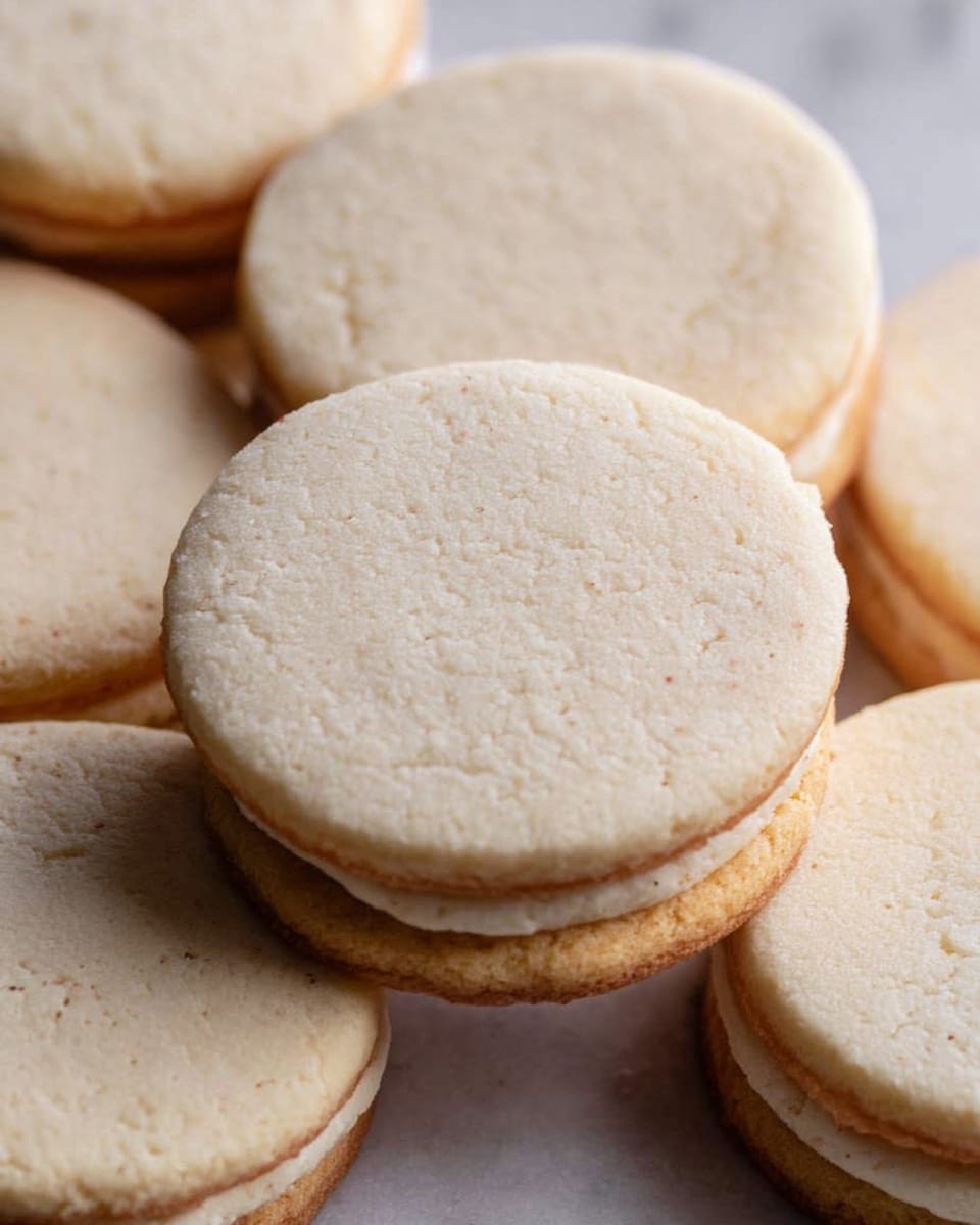 The image shows a close-up view of several round cookies stacked together. Each cookie has two layers: a light beige, smooth, slightly cracked top layer that looks soft and creamy, and a thin golden-brown bottom layer that looks firmer and baked. The cookies overlap, filling the frame with a soft focus on the edges. The background is a white marbled texture. Photo taken with an iphone --ar 4:5 --v 7