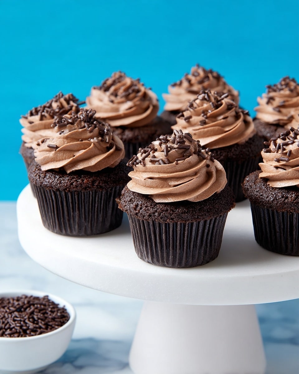 This image shows several chocolate cupcakes arranged on a white cake stand with a white marbled surface below. Each cupcake has one layer of dark, rich chocolate cake with a thick swirl of light brown chocolate frosting on top. The frosting is piled high with a smooth, creamy texture and decorated with small chocolate sprinkles scattered over it. In the background, there is a bright blue backdrop, while a woman's hand holds one cupcake with the same frosting and sprinkle details. At the bottom left, a white bowl filled with more chocolate sprinkles is visible. photo taken with an iphone --ar 4:5 --v 7