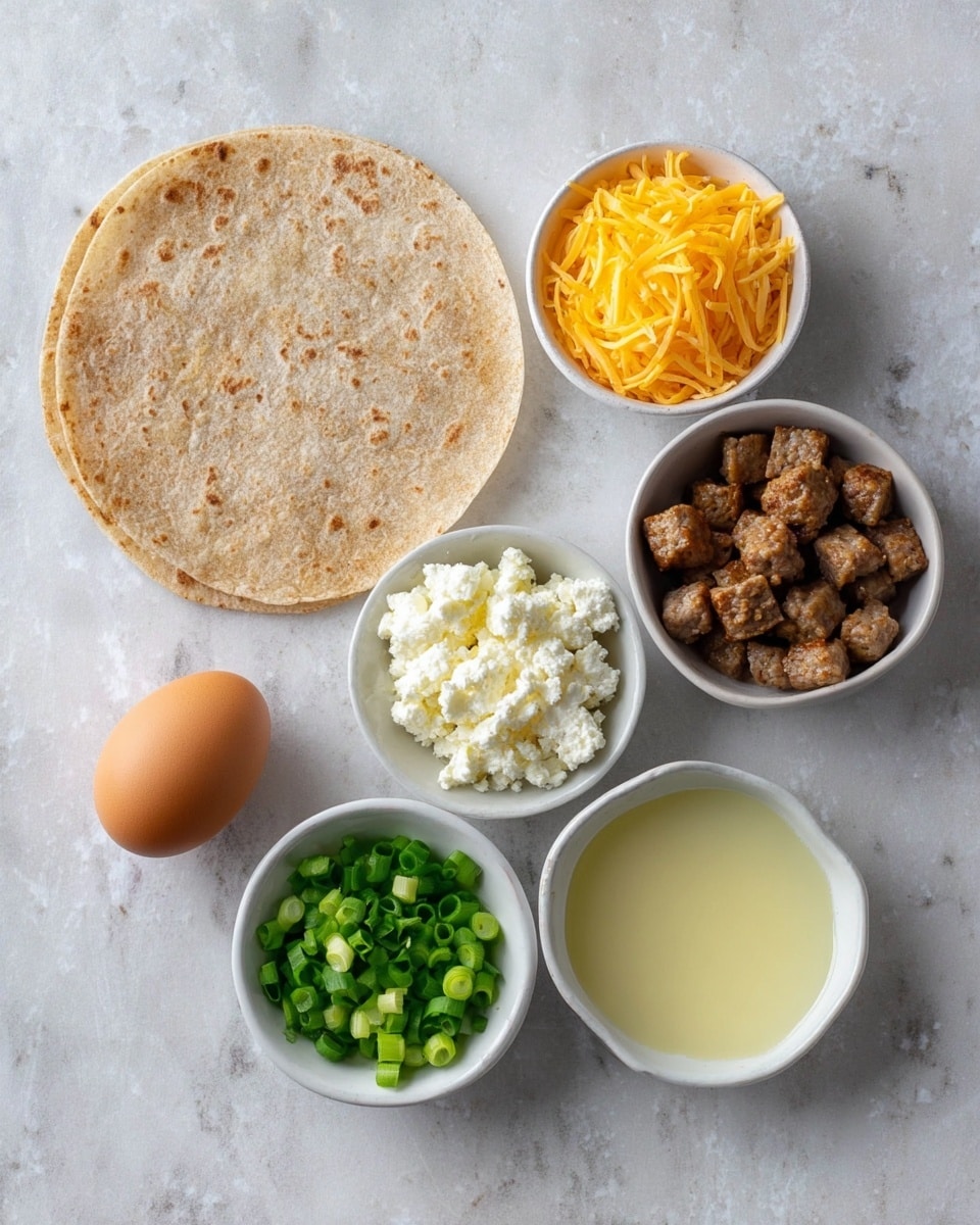 The image shows a flat round brown tortilla on the right side. Around it, there are five small white bowls and one brown egg. The top bowl holds bright orange shredded cheese with a soft texture. Below it, a bowl contains small brown sausage cubes with a slightly crispy surface. In the center below the tortilla, a bowl has white, creamy cottage cheese with a lumpy texture. To the bottom right, a bowl holds a pale yellow liquid, smooth and clear. At the bottom center, a bowl contains chopped green onions with bright green rings. The brown egg is placed to the left of the bowls on a white marbled surface. photo taken with an iphone --ar 4:5 --v 7